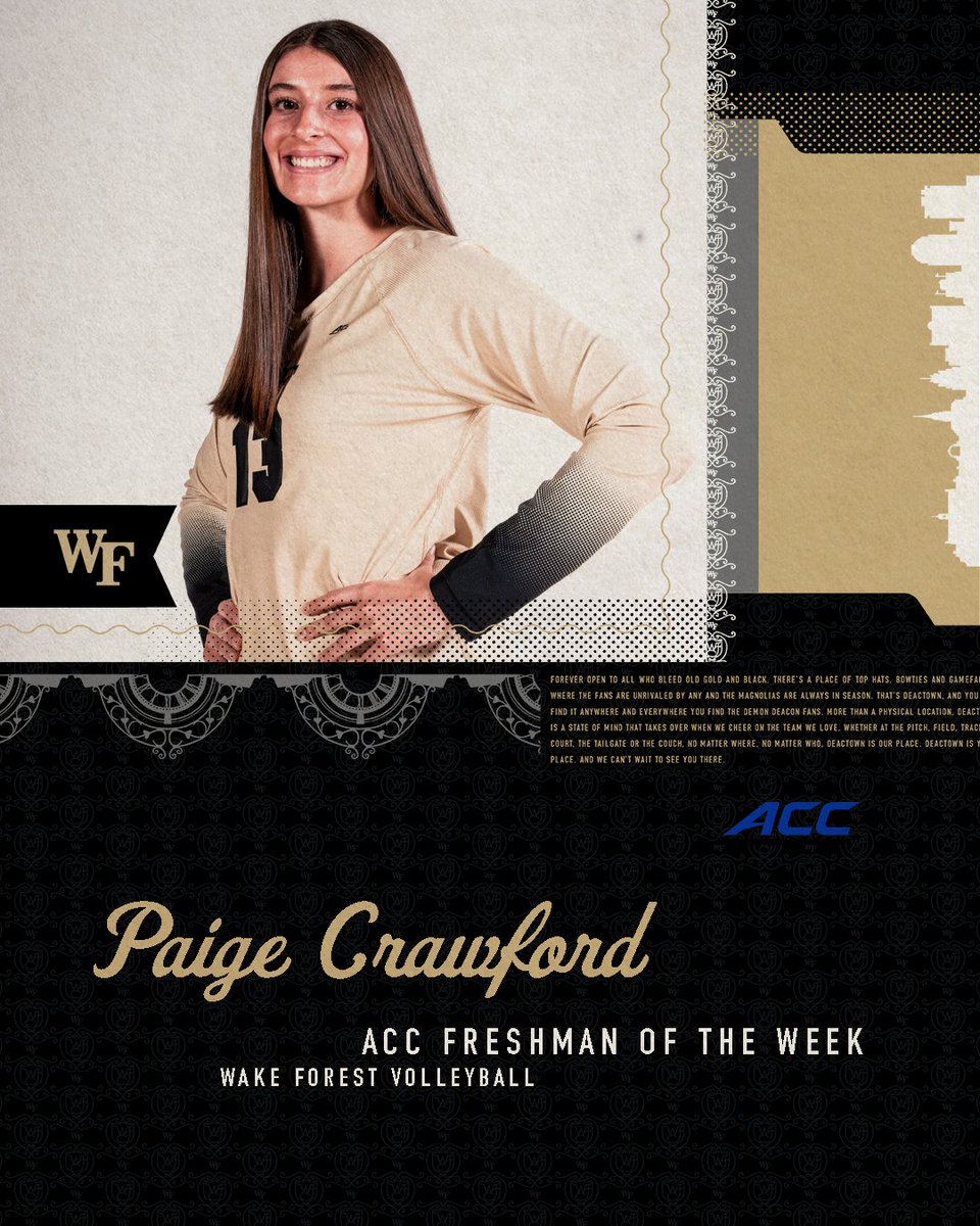 WakeVolleyball's tweet photo. 🎩 Two double-doubles in two wins
🎩 Became the new team leader in kills
🎩 The ONLY FRESHMAN to stand as a Top-1⃣0⃣ conference player in kills-per-set

... and now ...

👏 𝗔𝗖𝗖 𝗙𝗿𝗲𝘀𝗵𝗺𝗮𝗻 𝗼𝗳 𝘁𝗵𝗲 𝗪𝗲𝗲𝗸 👏

Paige is balling out.

📰: https://t.co/3yJVwRvPMs https://t.co/hOYN9PGQU4