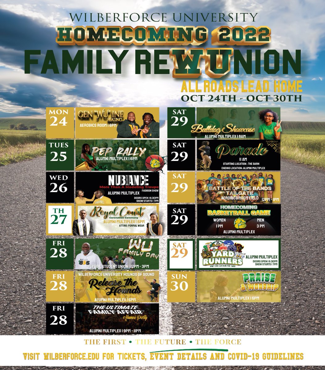 It’s about that time WU Family! Homecoming 2022 will be here in a few weeks and “All Roads Lead Home” Check out the week of events and get ready for a Homecoming experience like no other. Visit the website for details.
wilberforce.edu/wu-homecoming-…

#WUHomecoming22 #Wilberforce #HBCU