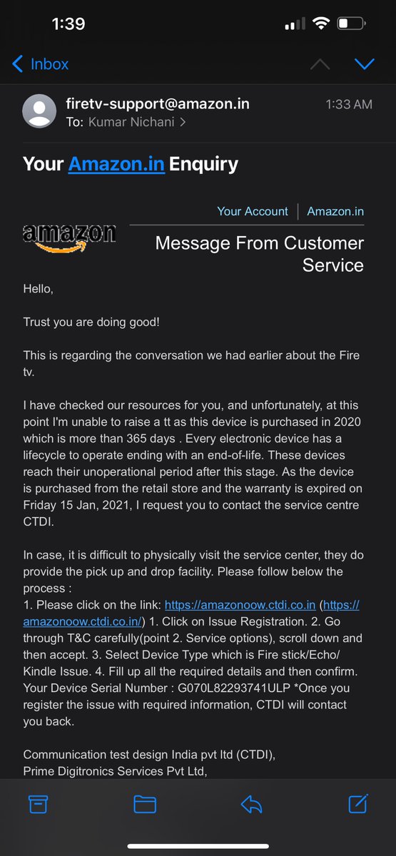 KumarNichani's tweet photo. @AmazonHelp Hope this sums up my side of the story. As ridiculous as it may sound there has to be some accountability. Why sell stuff if it’s going to stop working after the alleged warranty period. https://t.co/i5RyBwkbzO