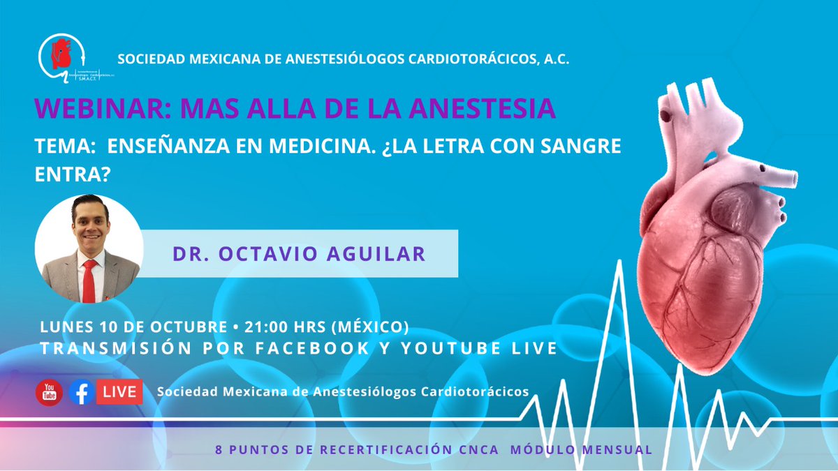 SMACT_'s tweet photo. El día de hoy te esperamos con el Dr. Octavio Aguilar a las 21:00hrs, ingresa en https://t.co/X9dFnQUqA4 y no te lo pierdas!! Obten puntos de recertificación. Forma parte de la SMACT. #webinarssmact #MasAlladelaAnestesia #todossomossmact https://t.co/jdIcOZobQq