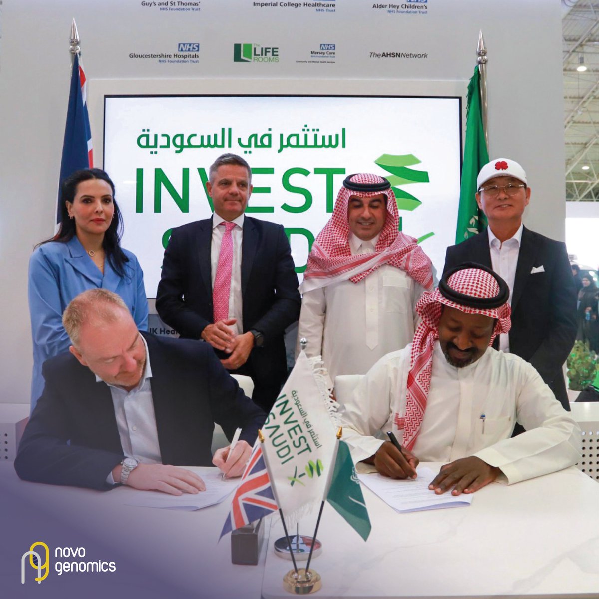 novogenomics's tweet photo. We are excited to announce that @nanopore &amp; Novo Genomics signed an MoU today during the #globalhealthexibition 
 سعيدون في نوفو جينومكس بتوقيع اتفاقية تعاون مع شركة @nanopore 
خلال #globalhealthexibition 
@SaudiMOH
@MISA
@alekhbariyatv
@InvestSaudi
@InvestSaudi_AR
@DrAlhawsawi https://t.co/OvRrXT8hfQ