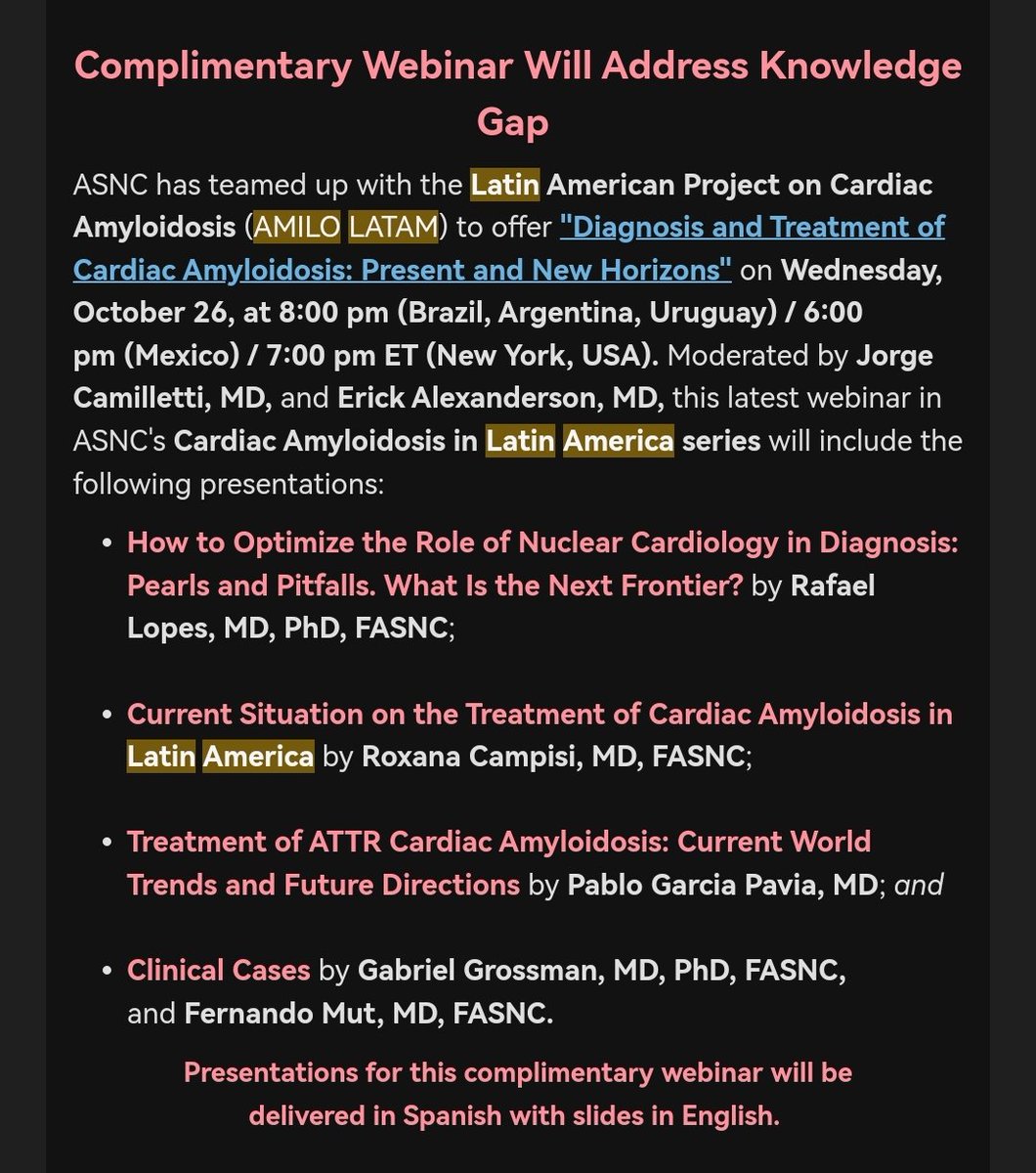 ❤️2o webinar  #AMILOLATAM Cardiac #Amyloidosis in Latin America: Diagnosis and Treatment of Cardiac Amyloidosis #Amiloidosis #worldamyloidosisday
➡️En español, diapos en inglés. 
📌 Inscripción sin costo (si batalla, contáctenos y lo inscribimos) <a href="/MyASNC/">ASNC Society</a> asnc.org/ev_calendar_da…