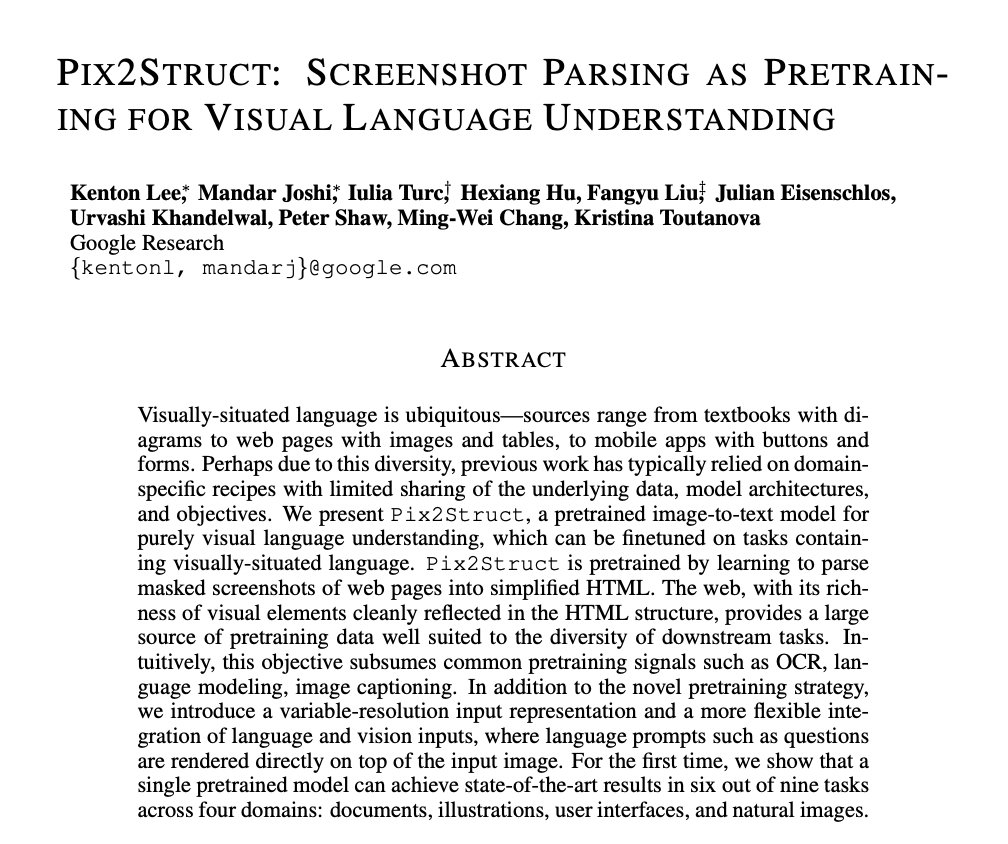 Excited to present Pix2Struct! It's a general-purpose pixel-to-text model that can be finetuned on tasks with visually-situated language, such as UIs, charts, figures, tables, documents, etc. -- arxiv.org/abs/2210.03347 (1/4)