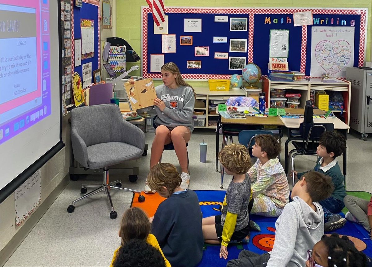PrincetonWBB's tweet photo. Giving back to the community. 🧡🖤

The Tigers enjoyed working with @Let_Her_Play this weekend supporting @PrincetonWSoc and reading to students in local elementary school classrooms! https://t.co/n83qpnQ9tH