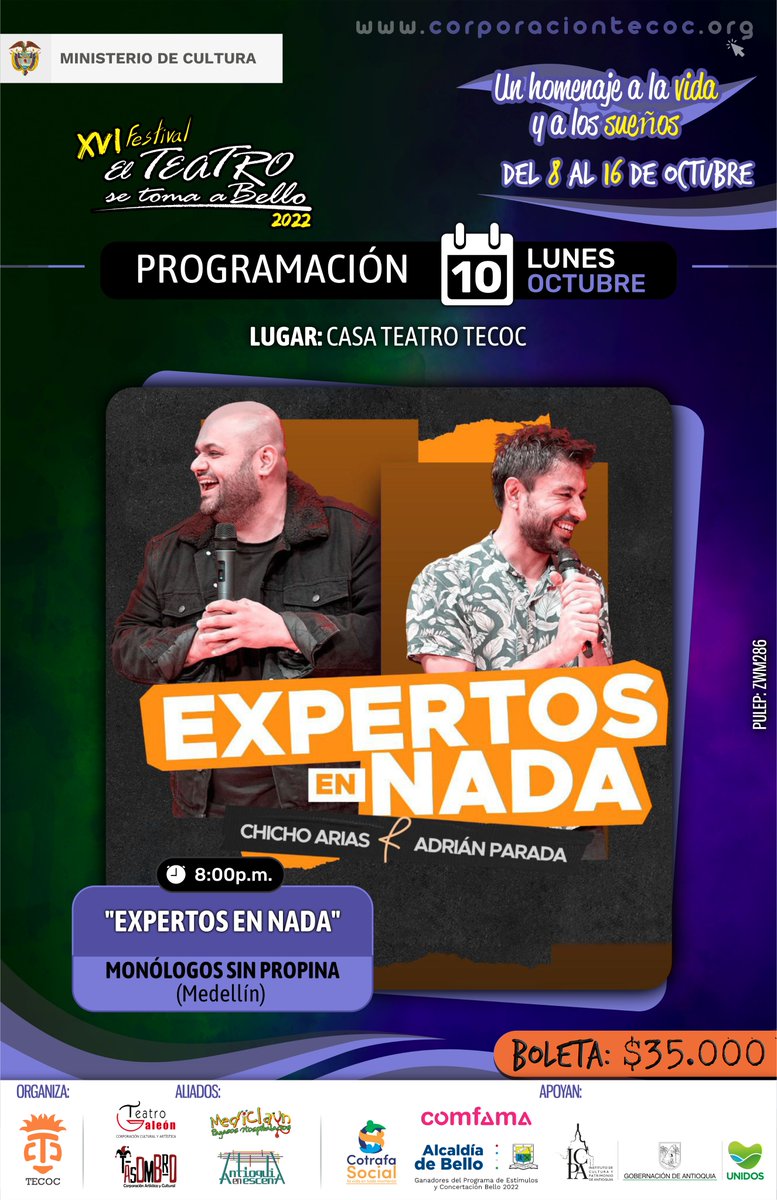¡Expertos en Nada se ha vendido como pan caliente! 🥖 <a href="/monosinpropina/">#MonólogosSinPropina</a> 

Nos quedan solo unas pocas sillas para que las tomen: eticketablanca.com/evento/experto…

Apoyan: <a href="/Comfama/">Comfama</a> <a href="/cotrafasocial/">Cotrafa Social</a> <a href="/mincultura/">MinCultura Colombia</a> <a href="/AlcaldiadeBello/">Alcaldía de Bello</a> <a href="/Culturantioquia/">ICPA - Instituto de Cultura y Patrimonio Antioquia</a> Secretaría de Cultura de Bello.