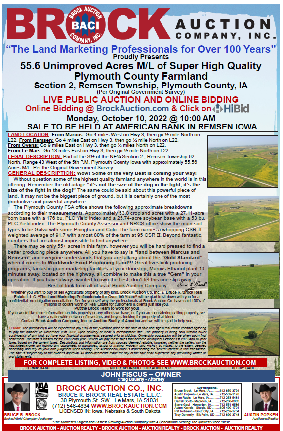 theLandTalker's tweet photo. Sold!  $1.45+ million or $26,250/acre; #2 member of Iowa's $26,000/acre club; record price for cropland with no influence from development or wind energy; price negotiated in minutes.  Good sale by Brock Auction Co., Bruce Brock &amp; Austin Popken. https://t.co/cqamTbknOc