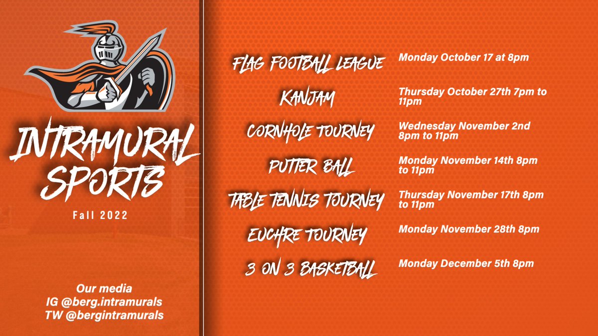 BERGIntramurals's tweet image. Reminder of our fall schedule. Please share it with your friends and stay toned to where these events will be held.