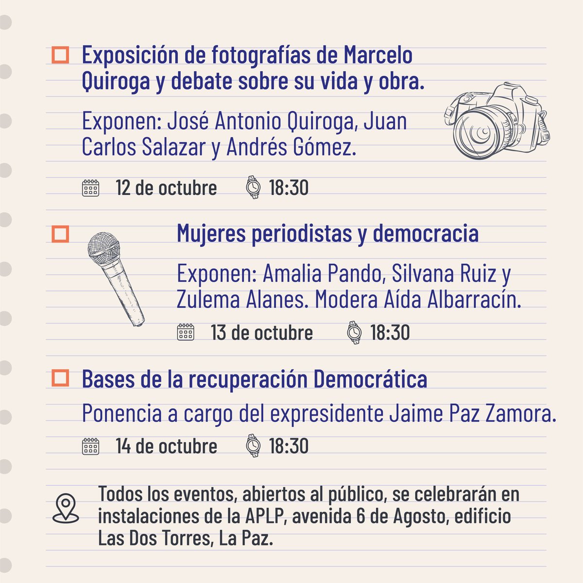 #40AñosDeDemocraciaEnBolivia
#Agenda40AñosDemocracia

Actividades de la Asociación de Periodistas de La Paz (<a href="/aplapaz/">APLP</a>) para conmemorar los 40 años de la recuperación de la #Democracia en #Bolivia.