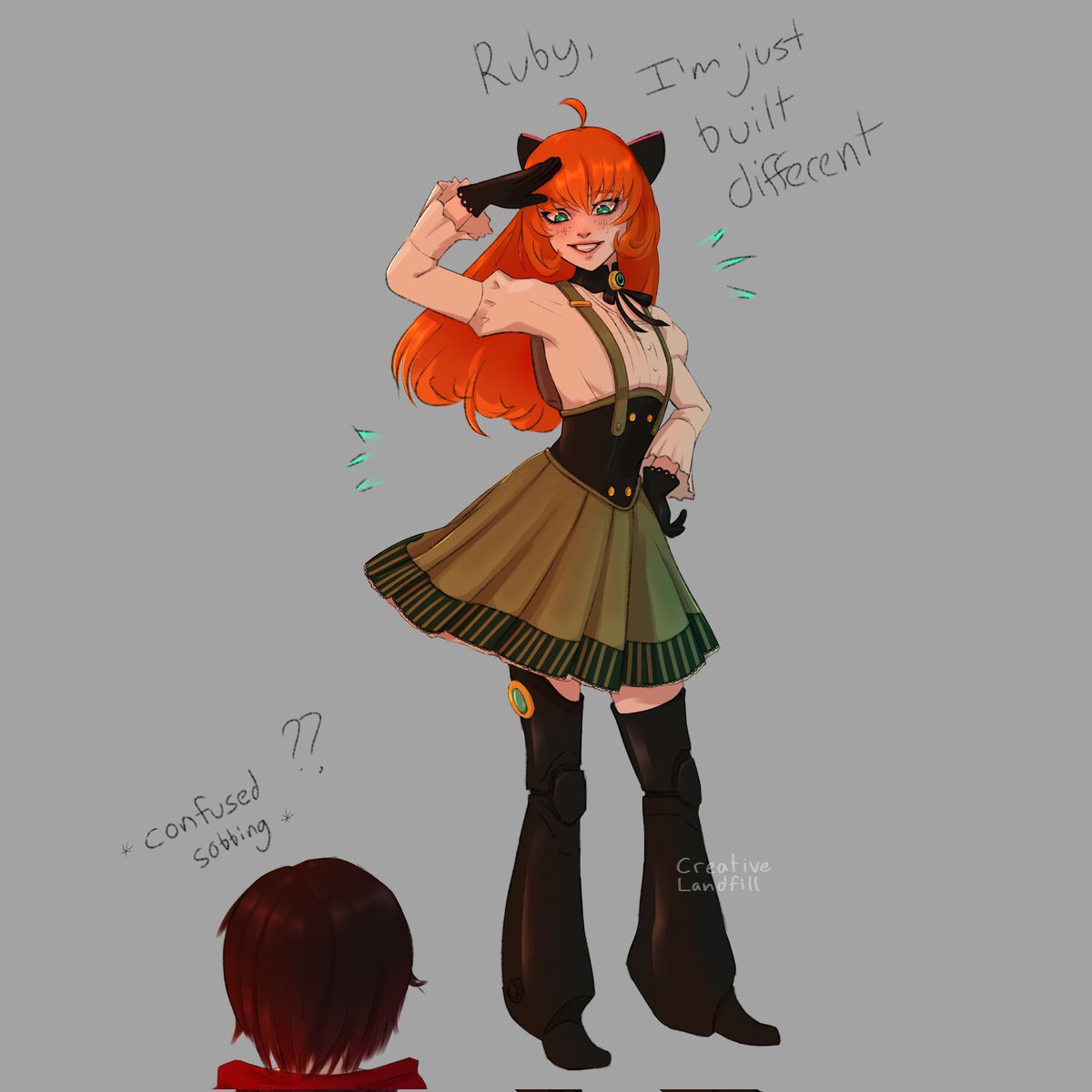 crtv_lndfll's tweet photo. yeah Ruby, she's built different ๐
.
#nutsanddolts #rwby #rwbyfanart #rwbyruby #RubyRose #rwbyrubyrose #rubyrwby #pennypolendina #rubyxpenny #pennyxruby #rwbyvolume7 https://t.co/rTkvf9gQPk