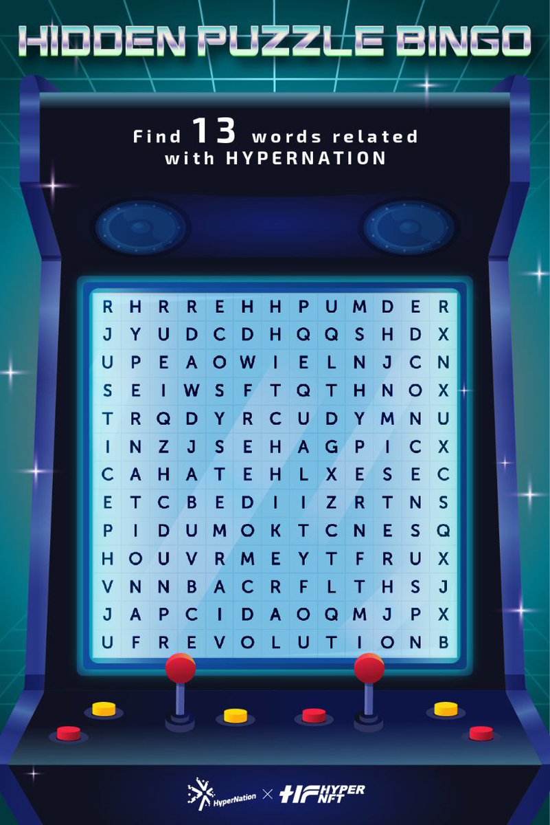 🚨 GIVEAWAY 🚨 HyperNation x HyperNFT Hidden Puzzle Bingo 🧩 🔠 Find & choose 3 out of 13 Hidden Words in our Puzzle to win!🎁 How 👇 1️⃣ Follow @HyperNation8 & @HyperNFTpro Twitter 🐦 2️⃣ Comment with your answers & Tag 10 Friends👫 3️⃣ RT & ❤️ this Tweet #hypernation #hypernft