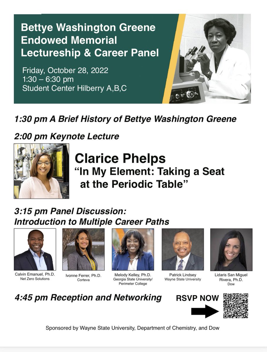 We are pleased to announce the Bettye Washington Greene Endowed Memorial Lectureship and Career Panel on October 28, 2022, from 1:30 p.m. - 6:00 p.m.

RSVP: rsvp.wayne.edu/bettye-washing…
