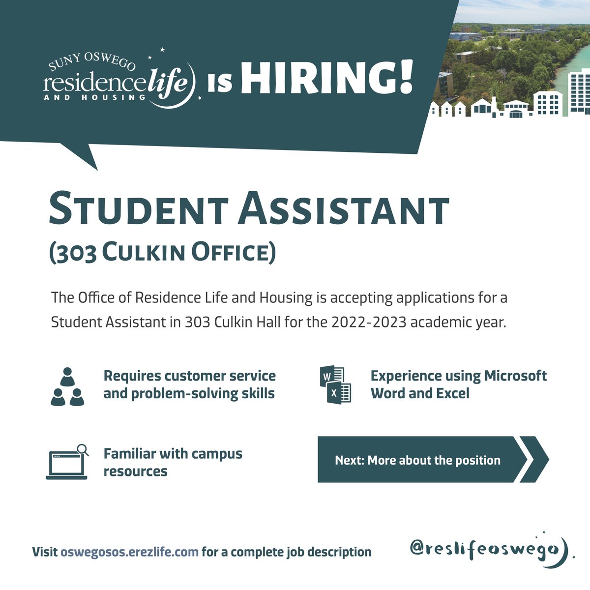 OswegoResLife's tweet photo. ⭐🌙Residence Life and Housing at SUNY Oswego is hiring a student assistant to work in the 303 Culkin office!

To apply, visit https://t.co/p5qSmZFTZn

If you have any questions, please contact Jenny Grass at jenny.grass@oswego.edu

#jointheteam #reslifeoswego #lakersliveon! https://t.co/X2mrImgCBF