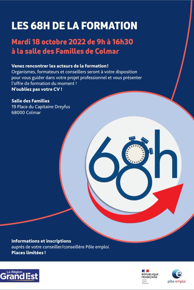 📢🗓 Retrouvez les équipes de la Maison de Région de #Selestat, @poleemploi_GE de #Colmar &amp; #Guebwiller le 18/10 ✅ 400 places de formation disponibles 👍  <a href="/PaulHank_PE/">Paul Hank</a> <a href="/ValerieColella/">colella valerie</a> @poleemploi_GE #TousMobilisés <a href="/Prefet68/">Préfet du Haut-Rhin</a> <a href="/villecolmar/">Ville de Colmar</a>