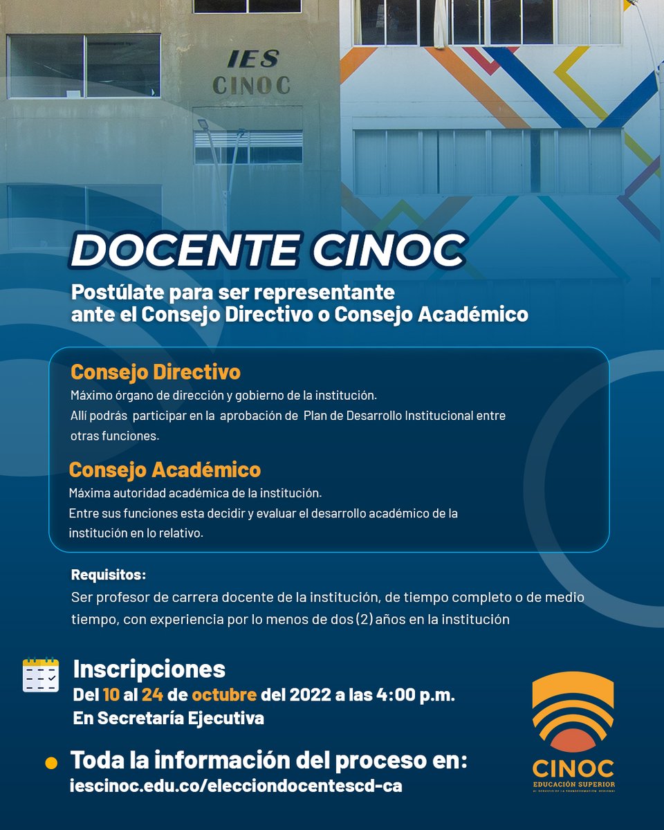 IES_CINOC's tweet photo. 🔴#Atención 📢👇🏻
Se abre convocatoria a los docentes de planta a elecciones para elegir a su representante ante el consejo directivo y consejo académico de la #IESCINOC
Mayor información aquí: https://t.co/d3PHo8Rfj5 https://t.co/BpCXRzMfBM