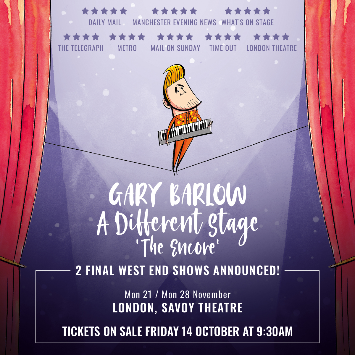 GaryBarlow's tweet photo. "ENCORE" I heard you cry... I'm happy to announce that #ADifferentStage is coming back to the West End for two more shows, this time at the @SavoyTheatreLdn ! 

Tickets go on sale this Friday at 9:30AM - Hope to see you there 🎭 https://t.co/VNfBKOeQlL