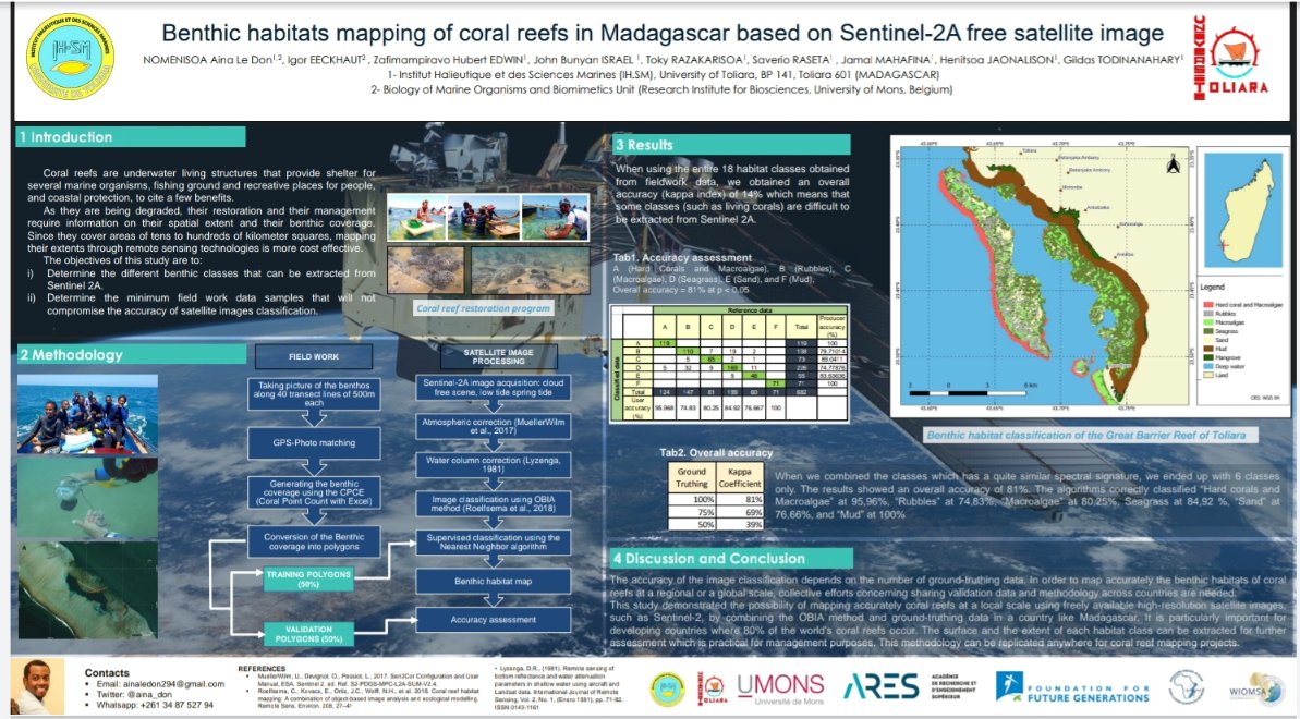 aina_don's tweet photo. Today I presented my poster on "Benthic habitats mapping of coral reefs in Madagascar based on #Sentinel2A image" at the #WIOMSA2022 symposium.
Thank you so much for attending my presentation and for your questions. https://t.co/pUINEf19qr