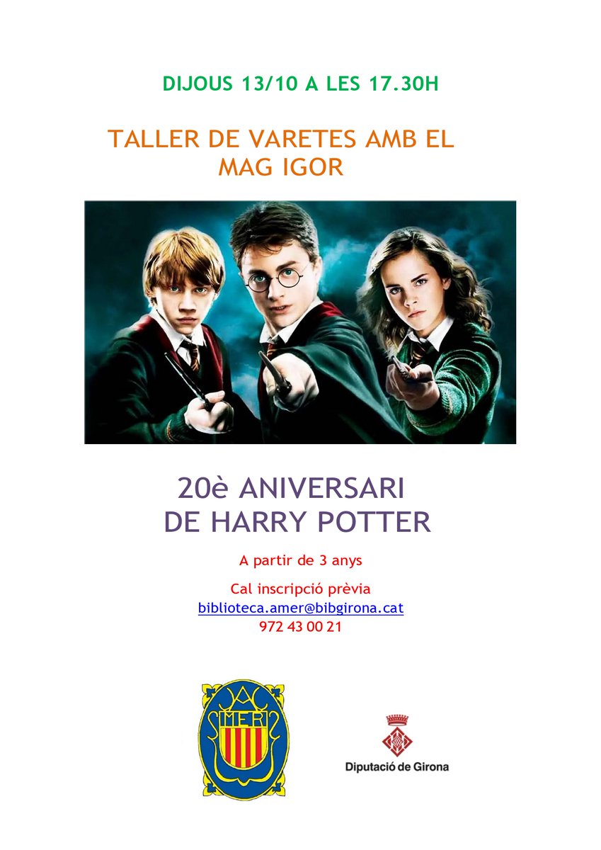 SalaLecturaAmer (@amerlectura) on Twitter photo Harry Potter ens va portar més enllà de l'abracadabra. Dijous 17/10 celebrem el seu aniversari amb un taller de varetes. Wingardium Leviosa! <a href="/AjuntamentAmer/">Ajuntament d'Amer</a> Harry Potter ens va portar més enllà de l'abracadabra. Dijous 17/10 celebrem el seu aniversari amb un taller de varetes. Wingardium Leviosa! <a href="/AjuntamentAmer/">Ajuntament d'Amer</a>