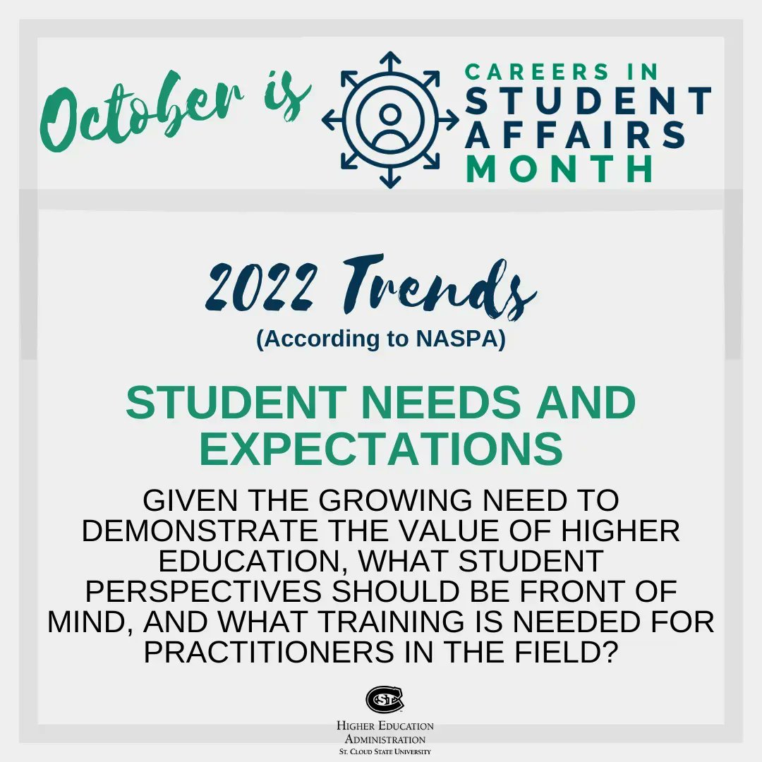 SCSU_HIED's tweet photo. October is Careers in Student Affairs Month! 
Mondays are a chance to look at the trends in the profession - according to @NASPAtweets. Today's featured trend is Student Needs and Expectations. We look forward to hearing your thoughts!  
#CSAM22 #WhySCSUHiEd #StudentAffairs https://t.co/Lm2IEYhOpR