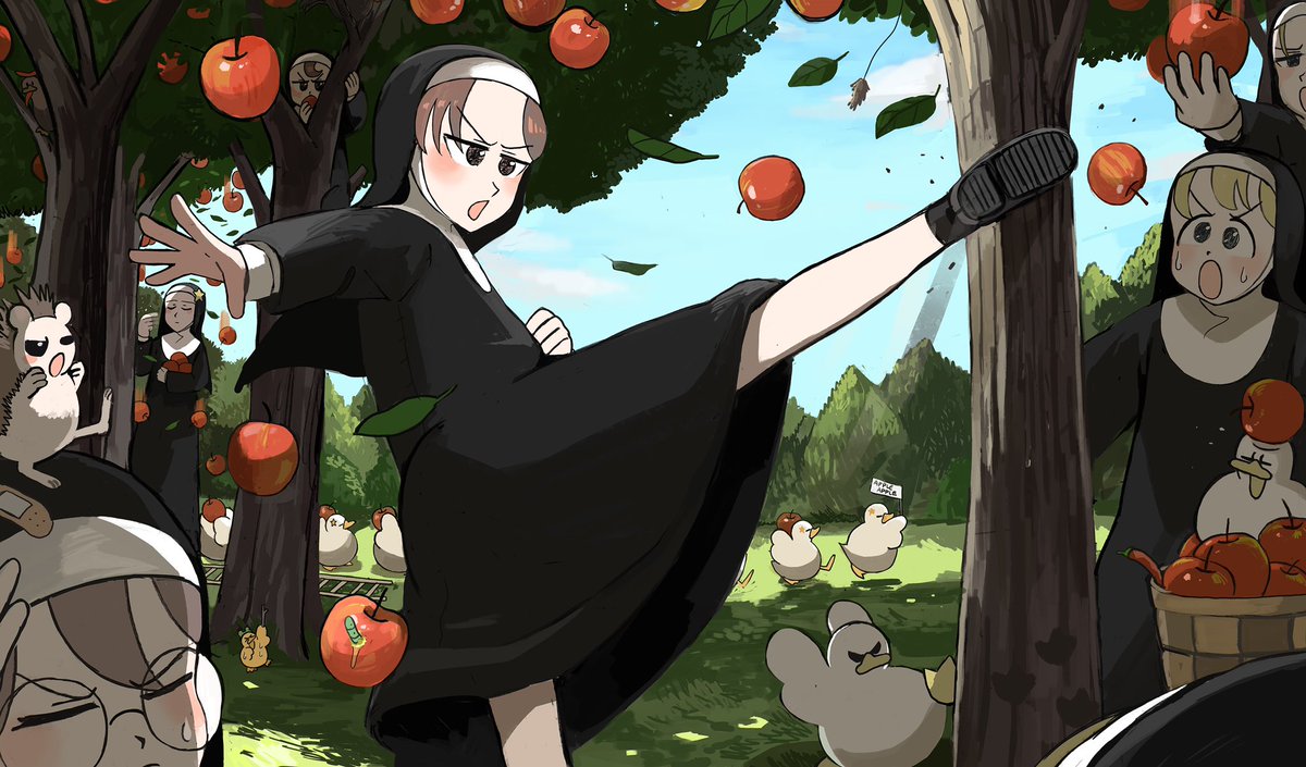 clumsy nun (diva) ,froggy nun (diva) ,spicy nun (diva) fruit catholic tree multiple girls apple food brown hair  illustration images