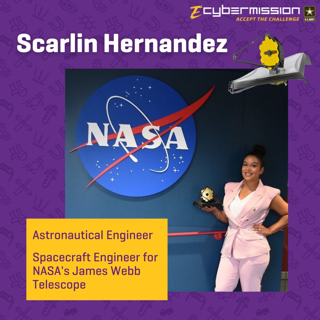 ecybermission's tweet photo. @TheRealScarlin is an astronautical and spacecraft engineer best known for working on @NASAWebb. Originally from the Dominican Republic, she was raised in Brooklyn, NY before attending @captechu, where she earned an engineering degree. 
#HispanicHeritageMonth #givegirlsrolemodels https://t.co/Vmxm0xuMou