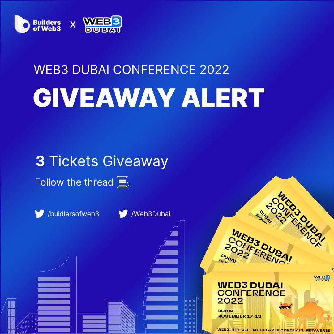 buidlersofweb3's tweet photo. 📢Web3 Conference Dubai 2022 on November 17th & 18th
Are you ready to visit the CITY OF GOLD✨
🥁Here you go!
You stand a chance to win
3 ticket of Dubai Web 3 Conference🎟️
▶️All you need to do is follow the steps in the comments to win👇
#web3 #bow3 #web3dubai https://t.co/jbjNvQUOzn