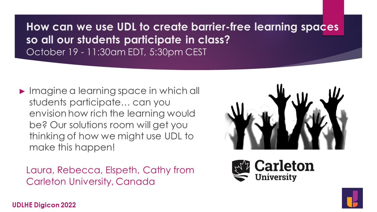 udlhe's tweet photo. Only one week left until our Digicon conference! https://t.co/7iu99UG06N And here is our final session teaser: "How can we use UDL to create barrier-free learning spaces so all our students participate in class?". Join this session on October 19! #UDLHE #Digicon #UDLMakerspace https://t.co/NeulRHvXVc