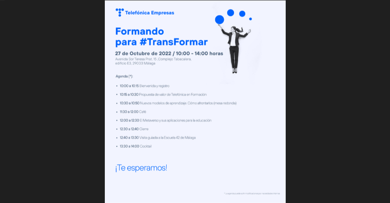 TE_GranEmpresa's tweet photo. Tras el éxito de la primera convocatoria en Madrid

El 27/10 traemos a la Escuela 42 #Málaga un evento transformador, en el que puedes aprender a formar a tus empleados de una manera sencilla, eficaz y revolucionaria

#TransFormaciónEmpresas #EventosMálaga 

¡Últimas plazas! 👇