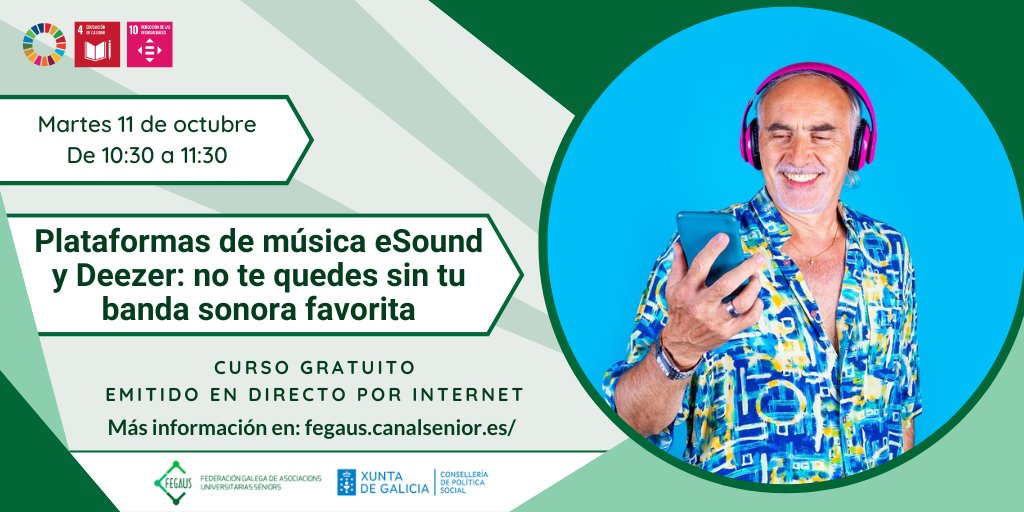 canalsenior's tweet photo. 📲🎵 Lánzate a escuchar tu #música favorita estés donde estés con #Deezer y #eSound. En esta clase online de #CanalSénior veremos todo lo que nos ofrecen, tanto su versión gratuita como la de pago.
📅 Martes 11 de octubre a las 10:30
👉 𝗔𝗽𝘂́𝗻𝘁𝗮𝘁𝗲: https://t.co/VyayRoih43 https://t.co/EK5S4KPlKx