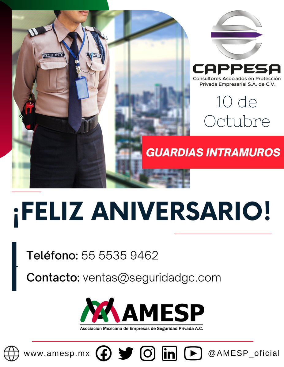 AMESP_oficial's tweet photo. La #AMESP se complace en felicitar a su Asociado Adherente #CAPPESA hoy en su Aniversario.
Uno de los servicios que presta es el de "Guardias Intramuros"
#Felicidades
#SoyAMESP #UnidosPorUnMéxicoSeguro #FuerzaAMESP #TodosSomosAMESP #202EmpresasAMESP https://t.co/WB0Brb62V0