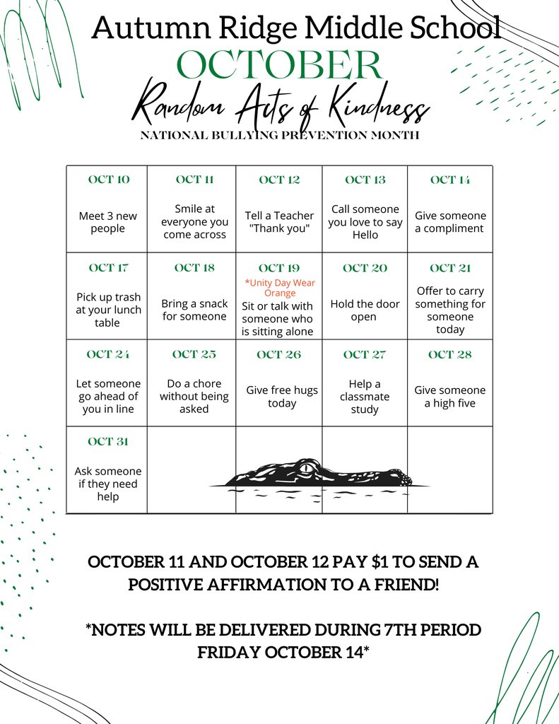 ARMS_Counselors's tweet photo. October is National Bullying Prevention Month! Join us as we promote kindness, acceptance, and inclusion this month with Random Acts of Kindness! #thegatorway #bullyingprevention #leavealegacy @HumbleISD_ARMS https://t.co/NSudmOuFya