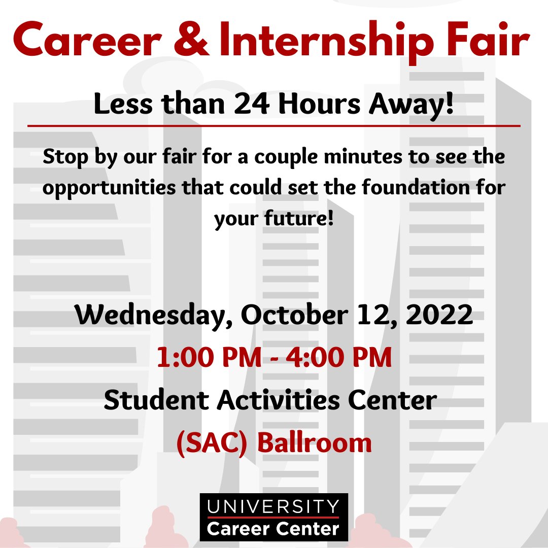 We're less than 24 hours away!
Start printing out those resumes, washing those clothes, and mark your planners because tomorrow is the day!
Come to the SAC Ballroom from 1-4 to meet tons of
amazing employers ready to hire you.

#UCC #UofL #GoCards #CardsGetHired