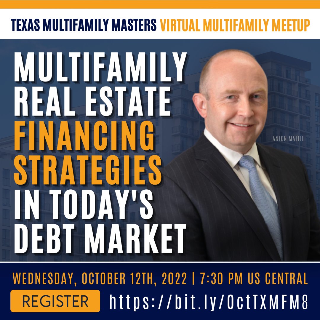 peak_financing's tweet photo. Join @AntonMattli THIS WEDNESDAY, 7:30 PM CT at the Texas Multifamily Masters Virtual Meetup on Zoom! He will provide us with an in-depth economic &amp; multifamily market update, and latest trends on multifamily financing in today's choppy market!

Register > https://t.co/gYLYz9Mopd https://t.co/cgKwzqyDIe