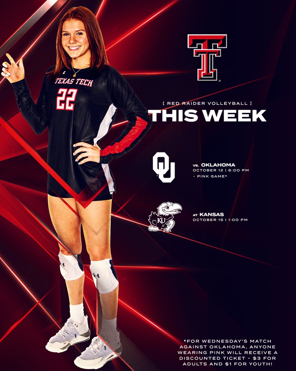 TexasTechVB's tweet photo. 𝗧𝗵𝗶𝘀 𝘄𝗲𝗲𝗸 𝗶𝗻 𝗥𝗲𝗱 𝗥𝗮𝗶𝗱𝗲𝗿 𝗩𝗼𝗹𝗹𝗲𝘆𝗯𝗮𝗹𝗹.

Come out to the United Supermarkets Arena on Wednesday for our Dig Pink match!

#WreckEm https://t.co/XBcr07CnvN