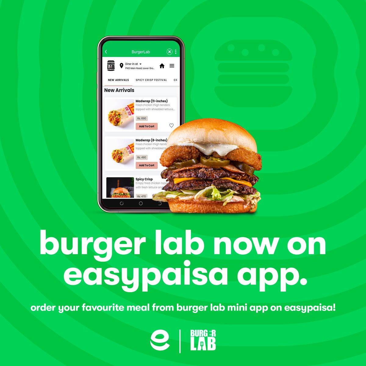 easypaisa's tweet image. Craving for a burger? 🍔

Enjoy scrumptious deals from burger lab mini app now available on easypaisa. 😍

Order now: bit.ly/3jt1LVN

#easypaisa #BurgerLab