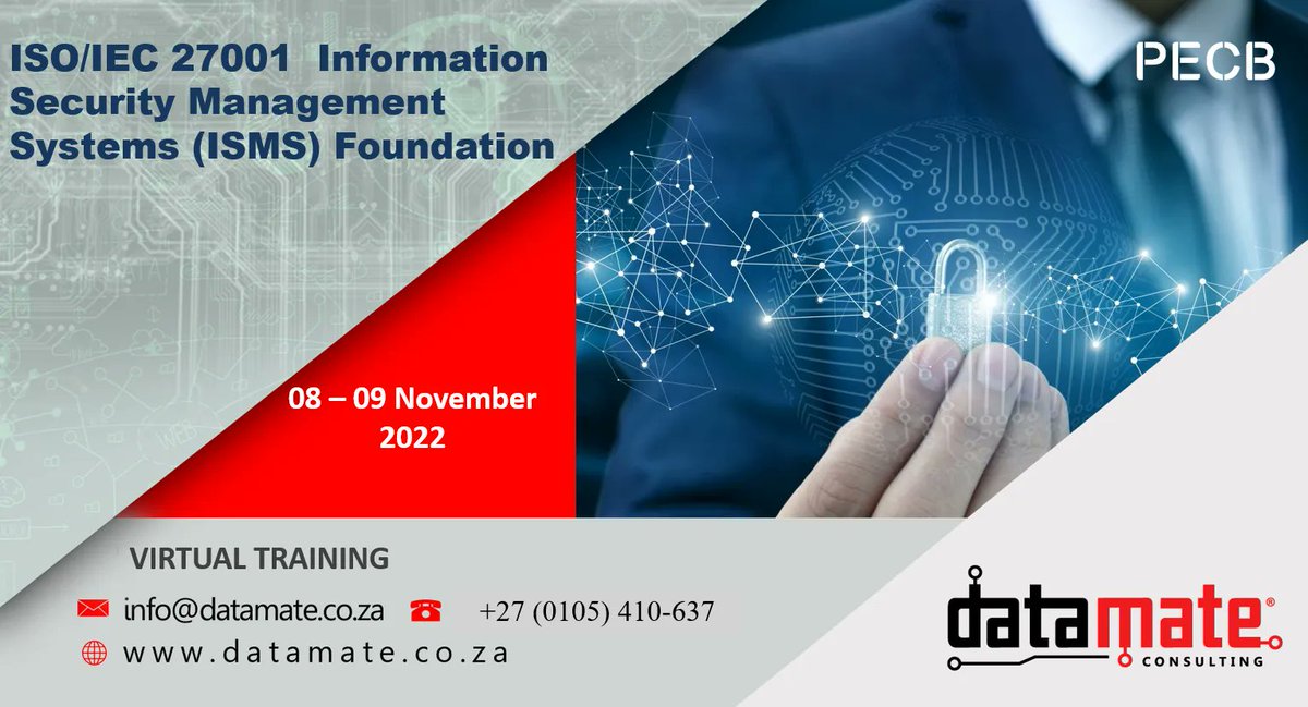 datamatesa's tweet photo. The  Information Security Management Systems  Foundation training allows delegates to learn the basic elements to implement and manage an Information Security Management System as specified in ISO/IEC 27001.
For more
Visit Now:https://t.co/6mPONeHvmC
CALL:+27 (0105) 410-637
#ISMS https://t.co/vEVMBukbkY