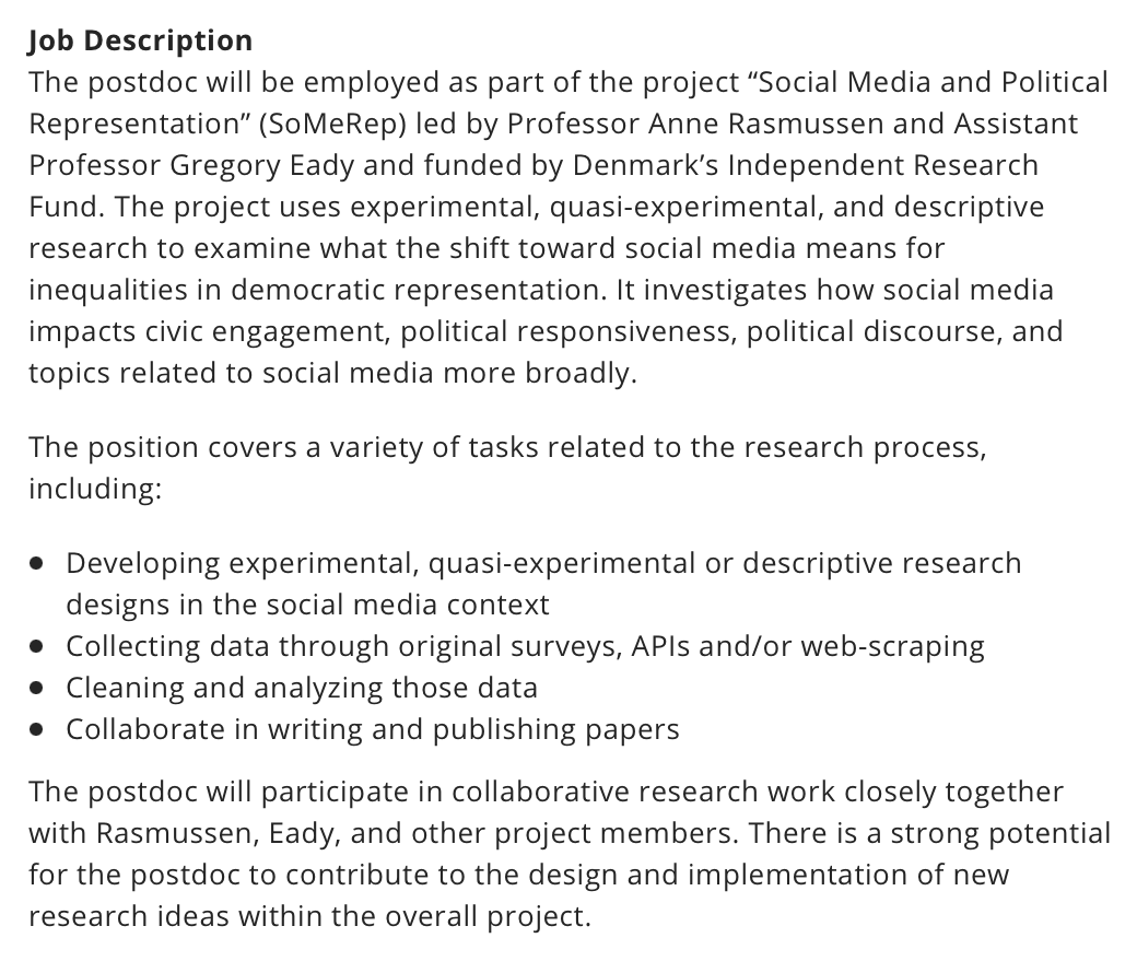 GregoryEady's tweet photo. 📣 POST-DOC JOB ALERT! 📣

Searching for a post-doc to investigate "Social Media and Political Representation"

Mix of experimental, quasi-experimental &amp; descriptive research

Applications due Nov 1

Contact @a_rasmussen or myself with any questions

See: https://t.co/8Pr4RzYzpe https://t.co/BHGofoW4aB