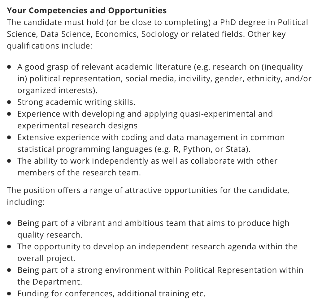Gregory Eady (@gregoryeady) on Twitter photo 📣 POST-DOC JOB ALERT! 📣
Searching for a post-doc to investigate "Social Media and Political Representation"
Mix of experimental, quasi-experimental & descriptive research
Applications due Nov 1
Contact <a href="/a_rasmussen/">Anne Rasmussen - @annerasmussen.bsky.social</a> or myself with any questions
See: jobportal.ku.dk/videnskabelige… 📣 POST-DOC JOB ALERT! 📣
Searching for a post-doc to investigate "Social Media and Political Representation"
Mix of experimental, quasi-experimental & descriptive research
Applications due Nov 1
Contact <a href="/a_rasmussen/">Anne Rasmussen - @annerasmussen.bsky.social</a> or myself with any questions
See: jobportal.ku.dk/videnskabelige…