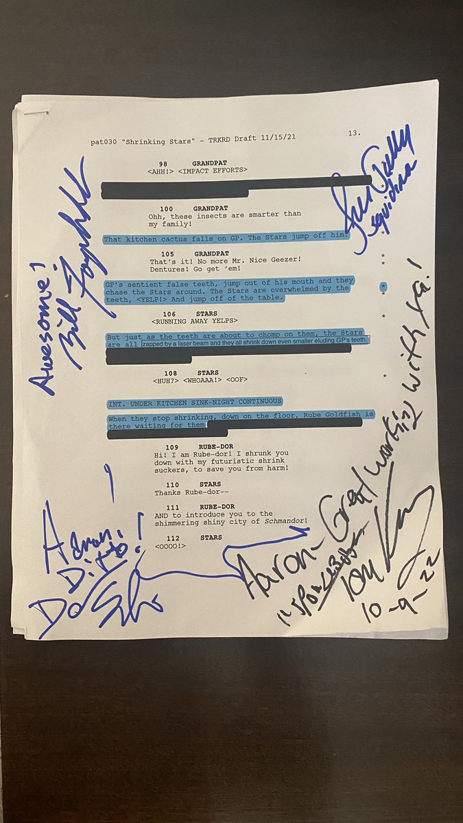 aaronsagers's tweet photo. I don’t collect autographs. But this weekend at #NYCC2022, I was part of a table read w/ #SpongeBobSquarepants cast Tom Kenney, Bill Fagerbakke, Jill Talley & Dana Snyder from the upcoming @SpongeBob #TidalZone special (Nov. 25). And I had to get a script page signed afterwards! https://t.co/BYRl29uLK7
