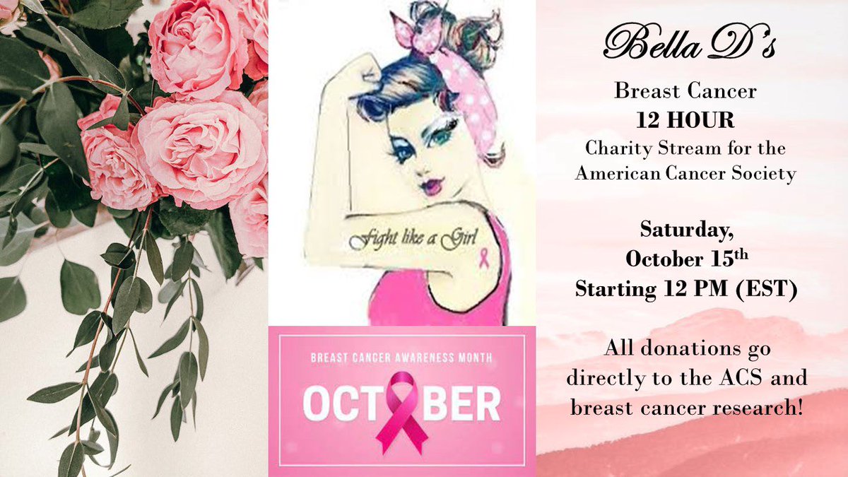 Oct 15th I’ll be doing a 12 hr charity stream for <a href="/AmericanCancer/">American Cancer Society</a> on my Twitch Channel (Twitch.tv/belladelina). The stream will start at 12PM EST. I’ll be playing games, talking about my cancer journey &amp; the ACS. Hope to see you there &amp; help me raise some $ for a good cause! 💕
