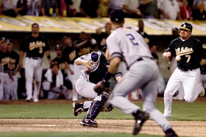 Derek Jeter makes his famous flip play in game 3 of the 2001 #ALDS