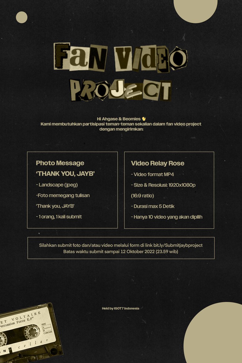 GOT7_IIU's tweet image. Ahgases!! ditunggu partisipasi temen2 semua untuk ikutan video fan project ini💚
More details: bit.ly/Submitjaybproj… 

Batas submit: 12 Oct 2022
#JAYB #Tape_Press_Pause