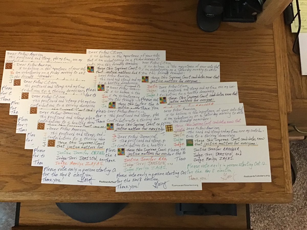 Fifteen #PostcardsToVoters will go out in tomorrow’s mail to #TurnOhioBlue. These are to elect three good Democrats to the State Supreme Court.

Want to write postcards with us? Check out this website: PostcardsToVoters.org