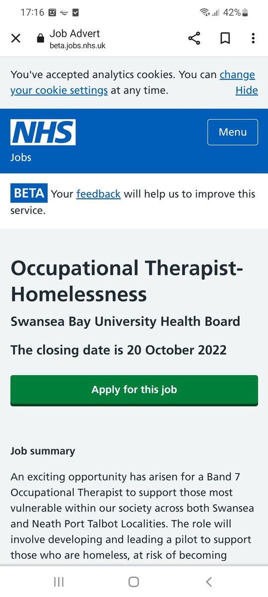 Kristel Davies 🌸 (@kristeldaviesot) on Twitter photo Eeeek 🤩 I'm very excited to advertise a new & exciting development within <a href="/SwanseabayNHS/">Swansea Bay NHS</a>!! A fabulous opportunity for a B7 OT to work within a new Homelessness Service <a href="/SBUHBOT/">SBUHB Occupational Therapists 💚</a>
What an opportunity! Please share widely!! ⭐️beta.jobs.nhs.uk/candidate/joba… Eeeek 🤩 I'm very excited to advertise a new & exciting development within <a href="/SwanseabayNHS/">Swansea Bay NHS</a>!! A fabulous opportunity for a B7 OT to work within a new Homelessness Service <a href="/SBUHBOT/">SBUHB Occupational Therapists 💚</a>
What an opportunity! Please share widely!! ⭐️beta.jobs.nhs.uk/candidate/joba…