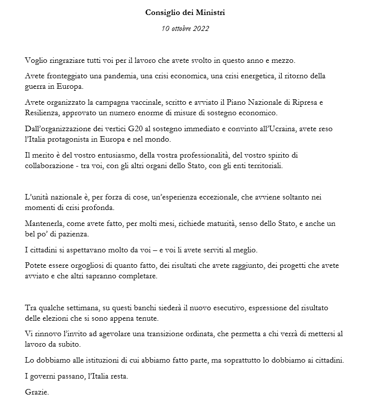 FerdiGiugliano's tweet photo. Il saluto di Mario Draghi al Consiglio dei Ministri di oggi. https://t.co/77KfNxXved
