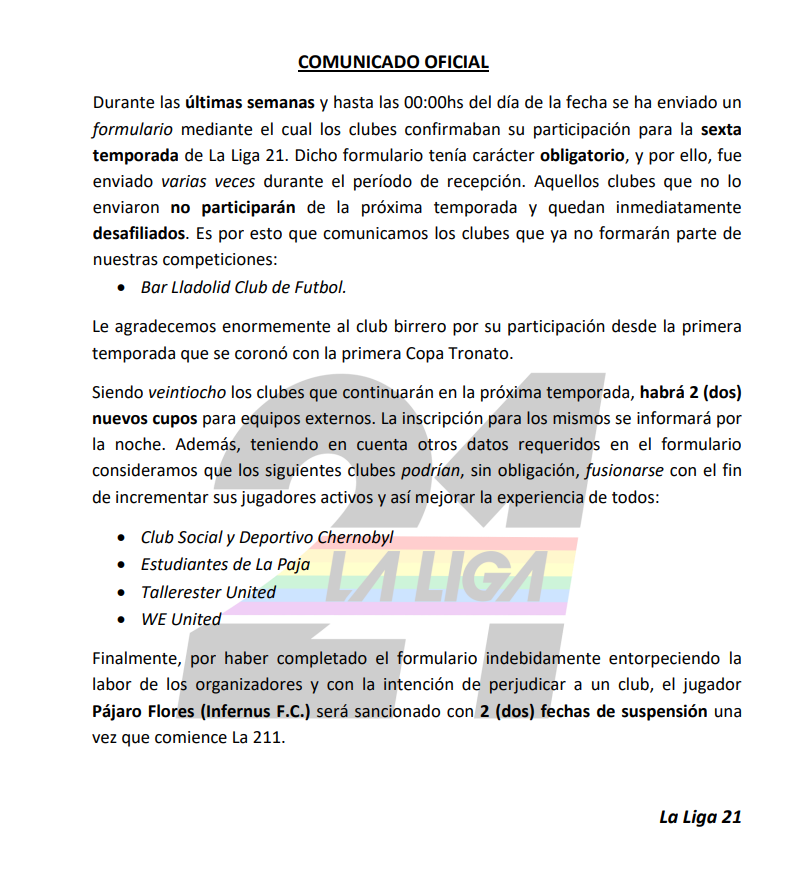 LaLiga21Of's tweet photo. #LaLigaComunica la #Desafiliacion de un club, la sanción a un jugador y la cantidad de #NuevosCupos. https://t.co/HFAF4coKlf