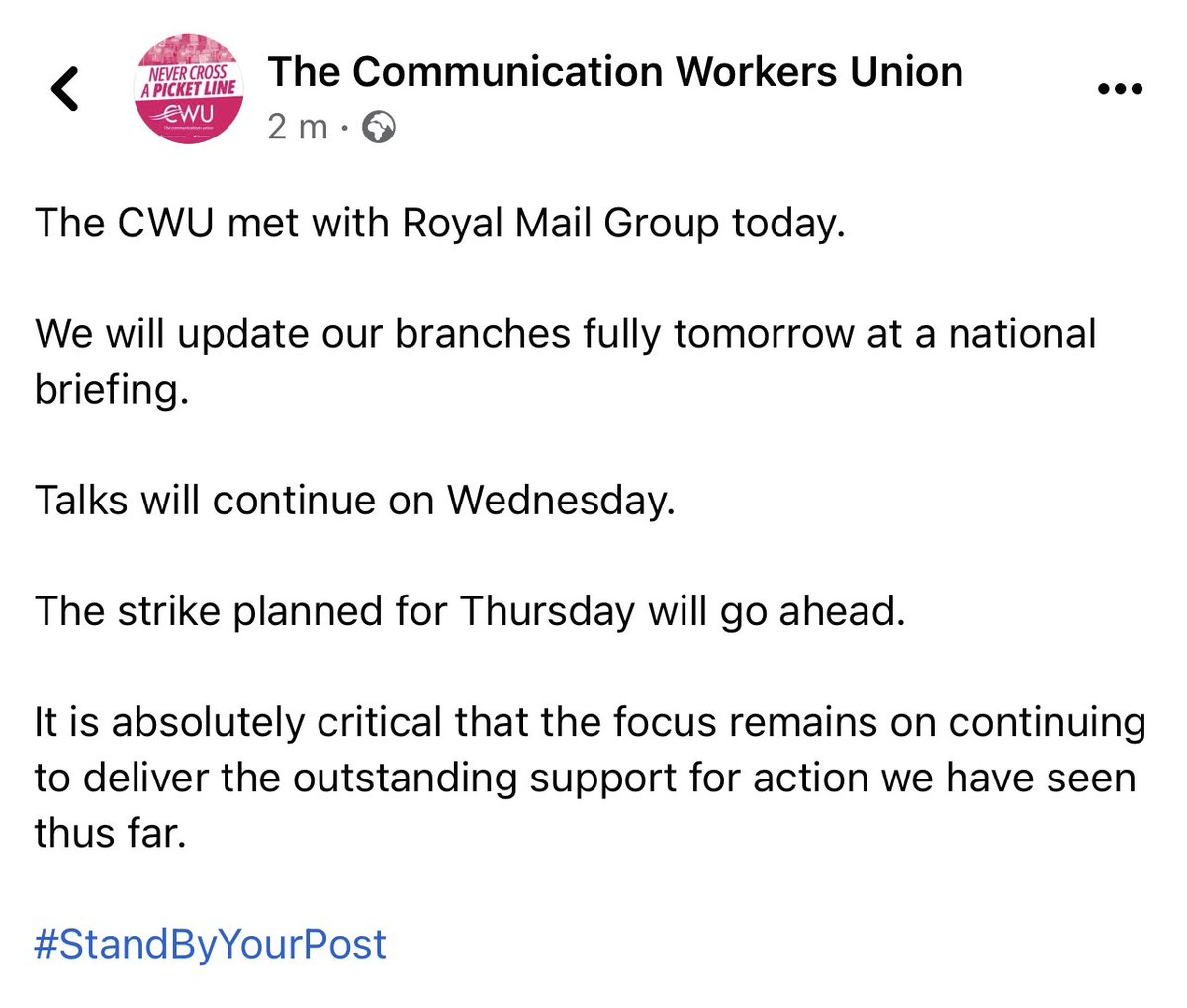 CWUnews's tweet photo. Update for Royal Mail Group members. 

#StandByYourPost https://t.co/lftFEa8ouP