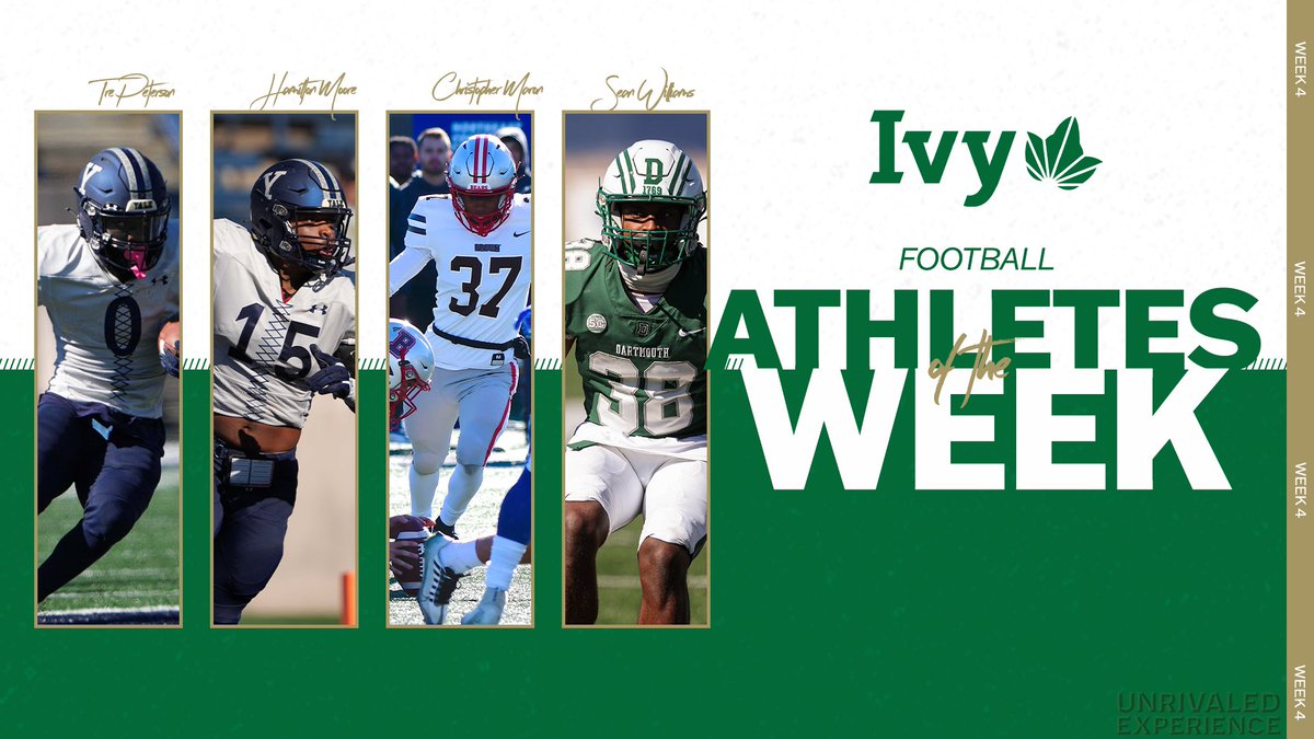 Following 💪 individual performances, @yalefootball's Tre Peterson and Hamilton Moore as well as @BrownU_Football's Christopher Maron and @DartmouthFTBL's Sean Williams earned weekly Ivy Football awards. 🌿🏈 📰 » ivylg.co/FB101022