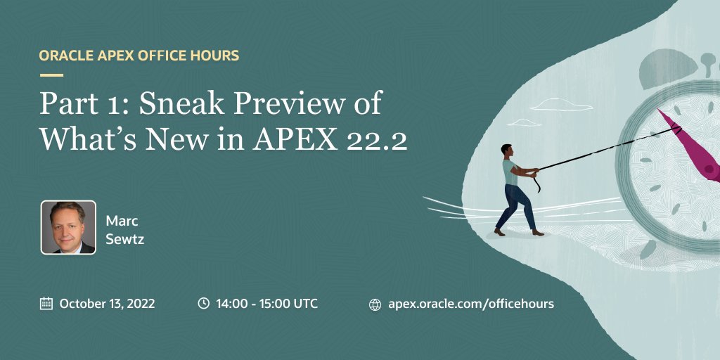 📅 It's this week!

✅ Part 1: Sneak Preview of What's New in APEX 22.2. 

In this session, we will present and demonstrate the marquee features of APEX 22.2.

🌏 apex.oracle.com/officehours

#orclAPEX #LowCode #Oracle #apex222