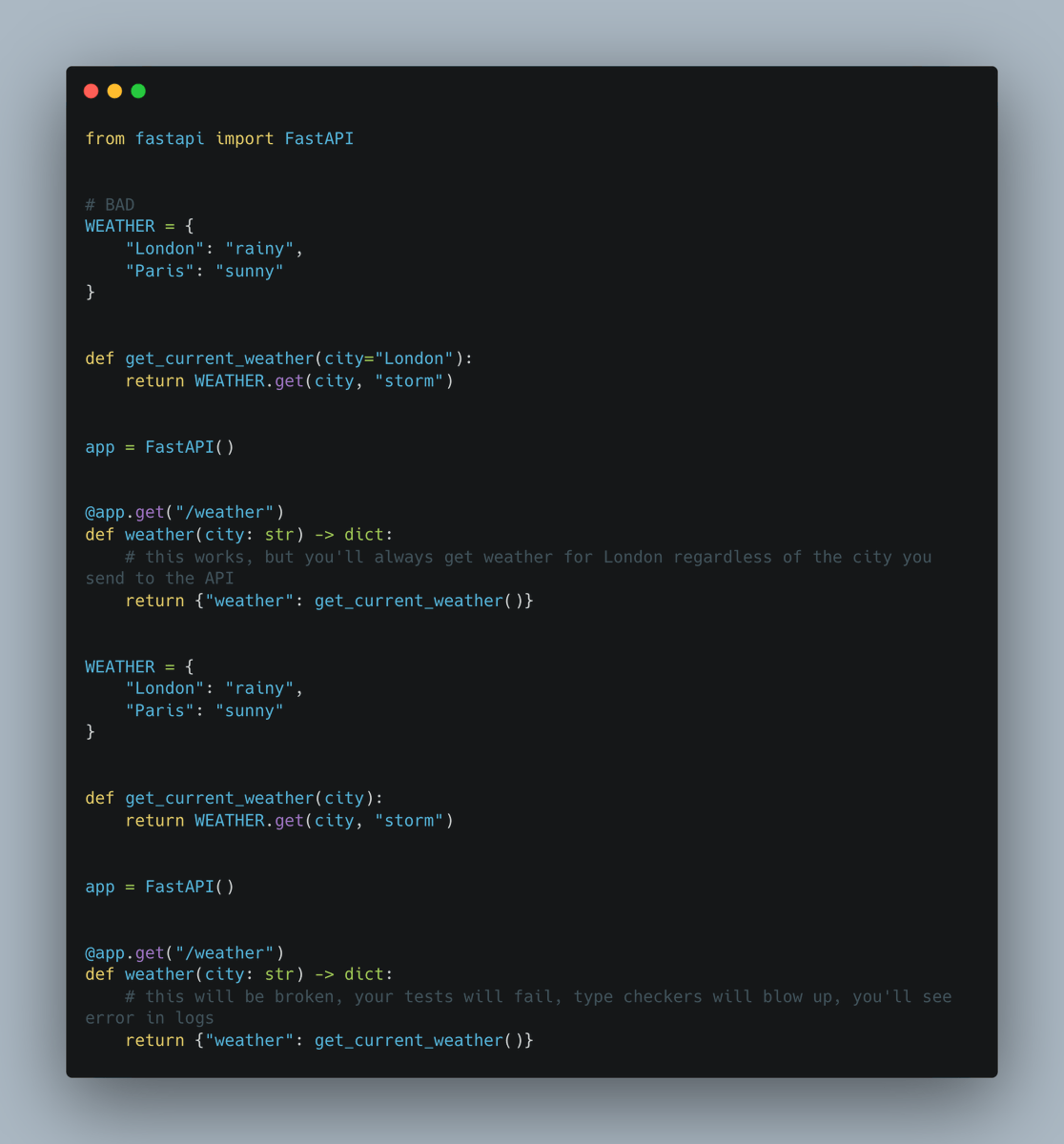 testdrivenio's tweet photo. Python clean code tip:

Avoid arguments with default values - be explicit

Why? 

This often results in a working system that is just slightly off the expectation

👇 https://t.co/w4w3XoNWoX