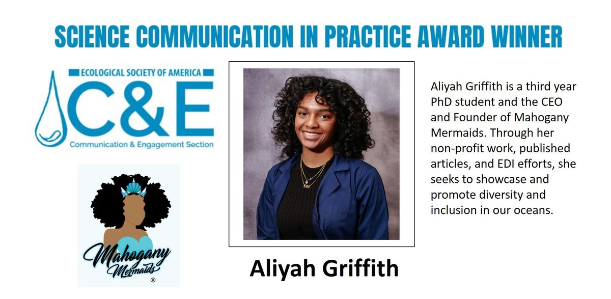 Congrats to Aliyah Griffith for winning the #scicomm in Practice Award!🎊 Keep up the amazing work Aliyah! Follow @MermaidsinSTEM to learn more about some of Aliyah's work!